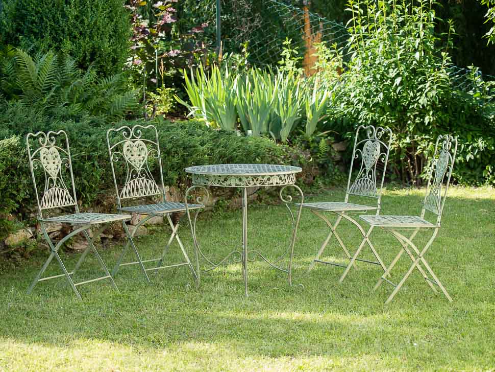 Gartentisch und 4 Stühle Eisen antik Stil Gartenmöbel in hellem creme grün iron