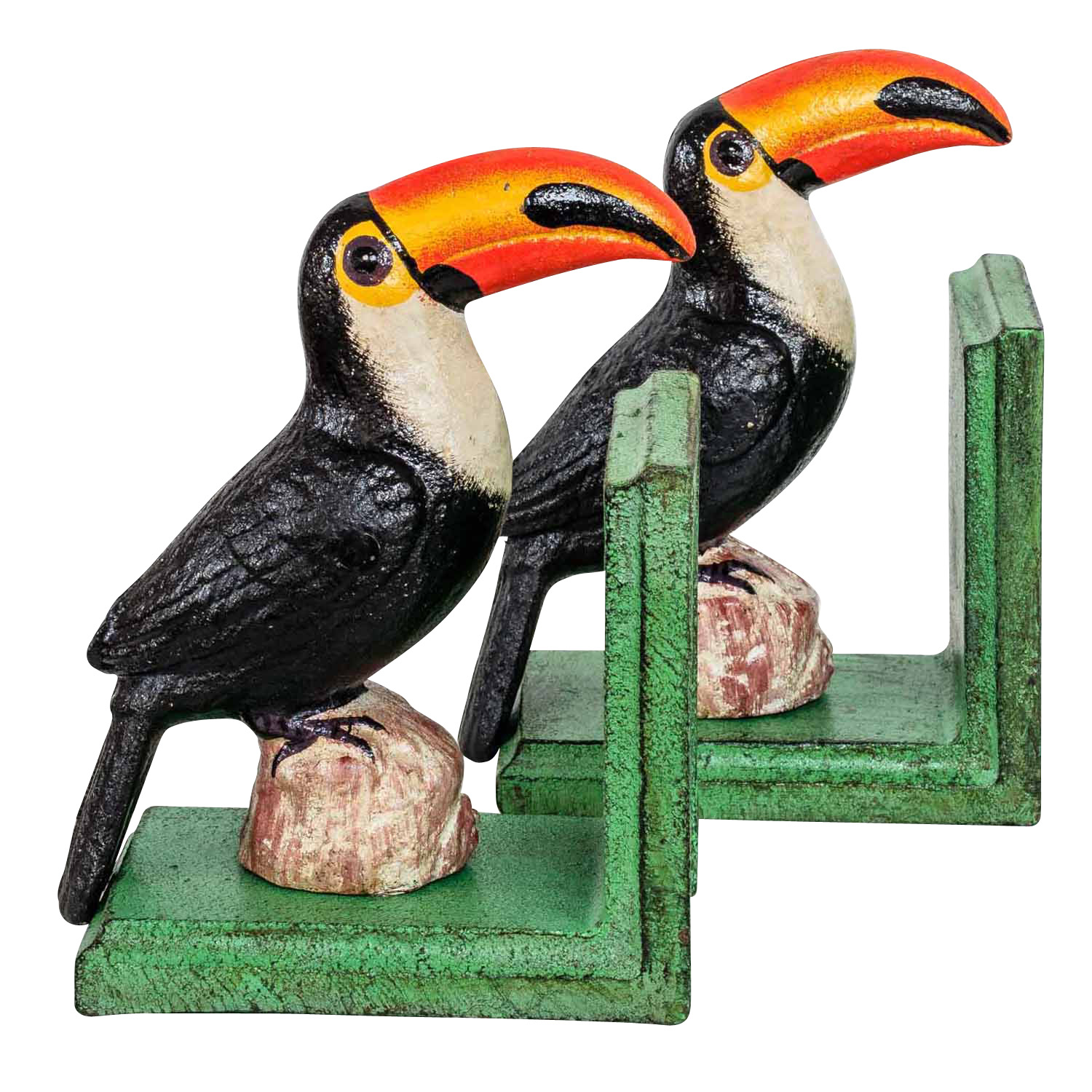 2 Buchstützen Buchständer Tukan Vogel Figur Skulptur Eisen 16cm Antik-Stil