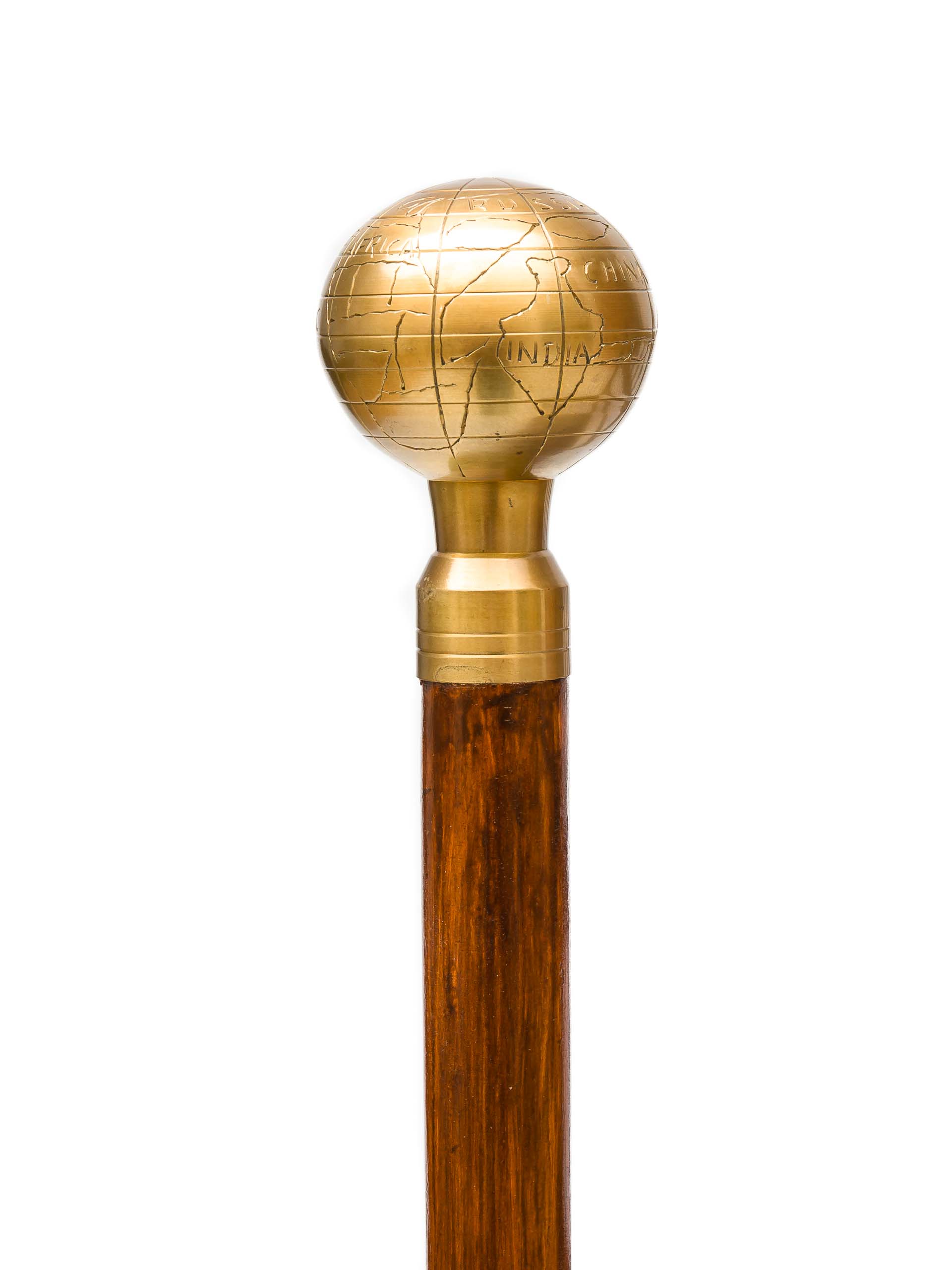 Spazierstock Weltkugel Erde Holz Wanderstock Flanierstock goldfarbener Griff