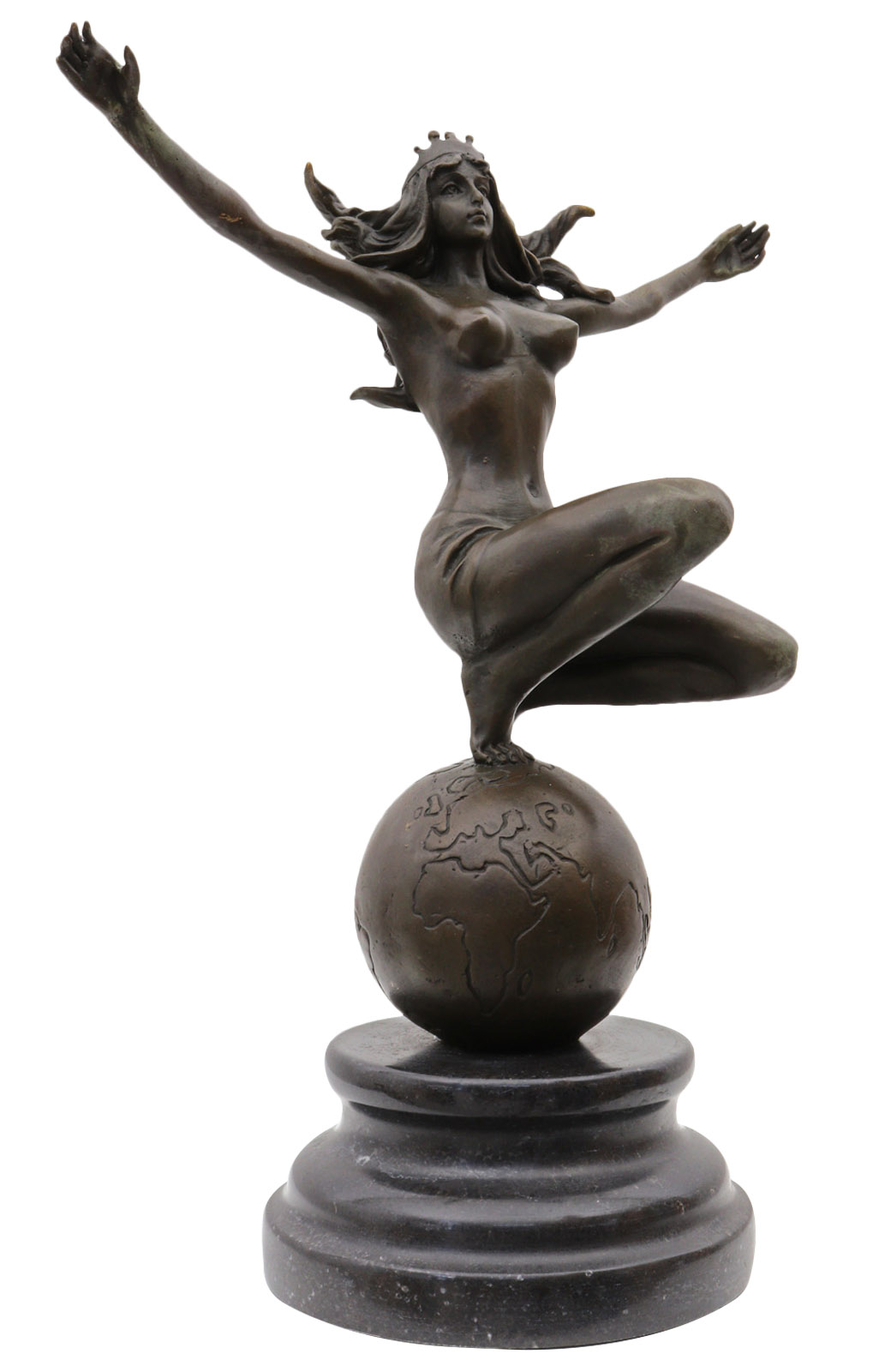 Bronzeskulptur Frau Weltkugel im Antik-Stil Bronze Figur Statue 25cm