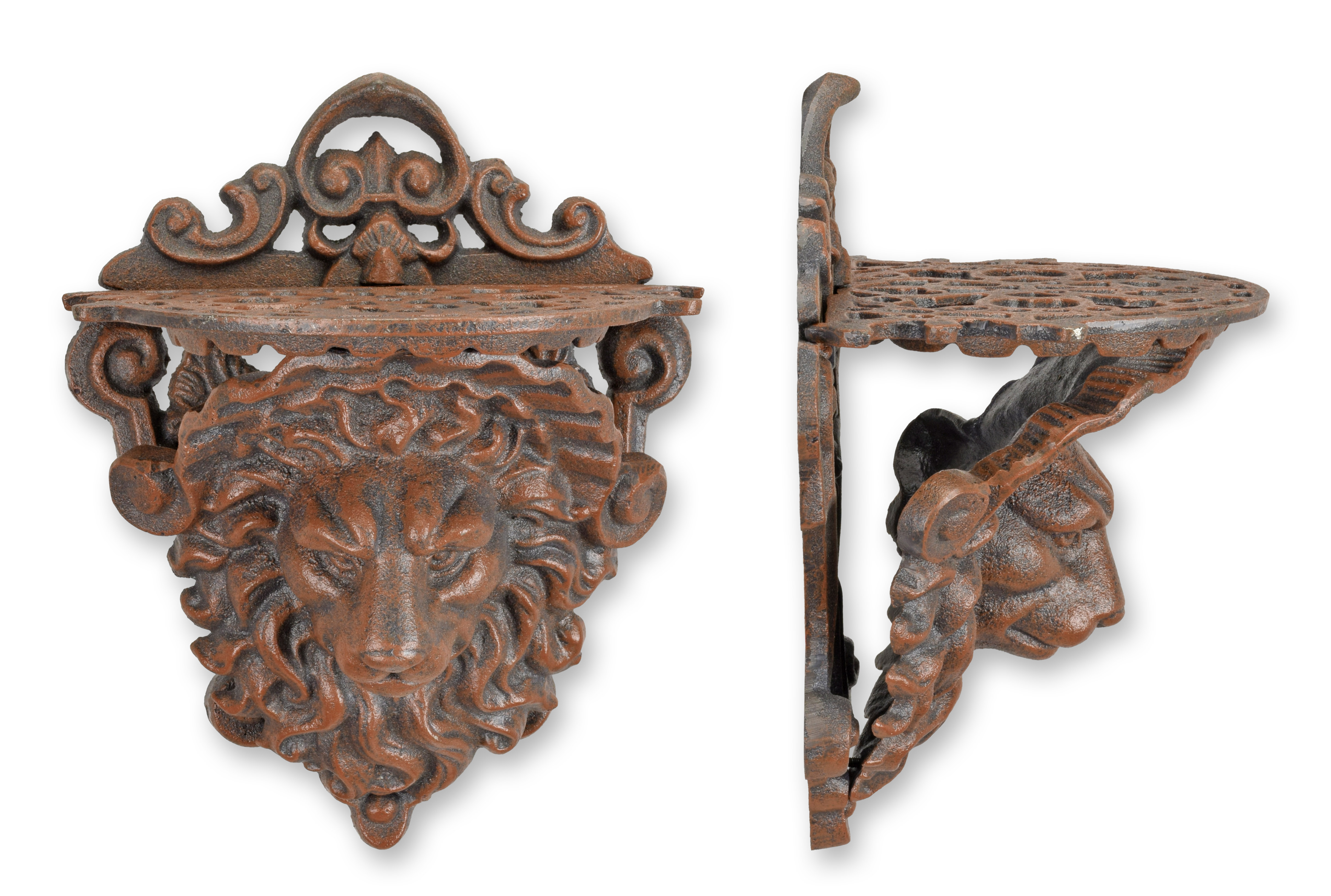 En väggkonsol i gjutjärn med lejonhuvud - brun replik retro design dekoration Bronze, Holz, Schwert, Kreuz, Gesicht