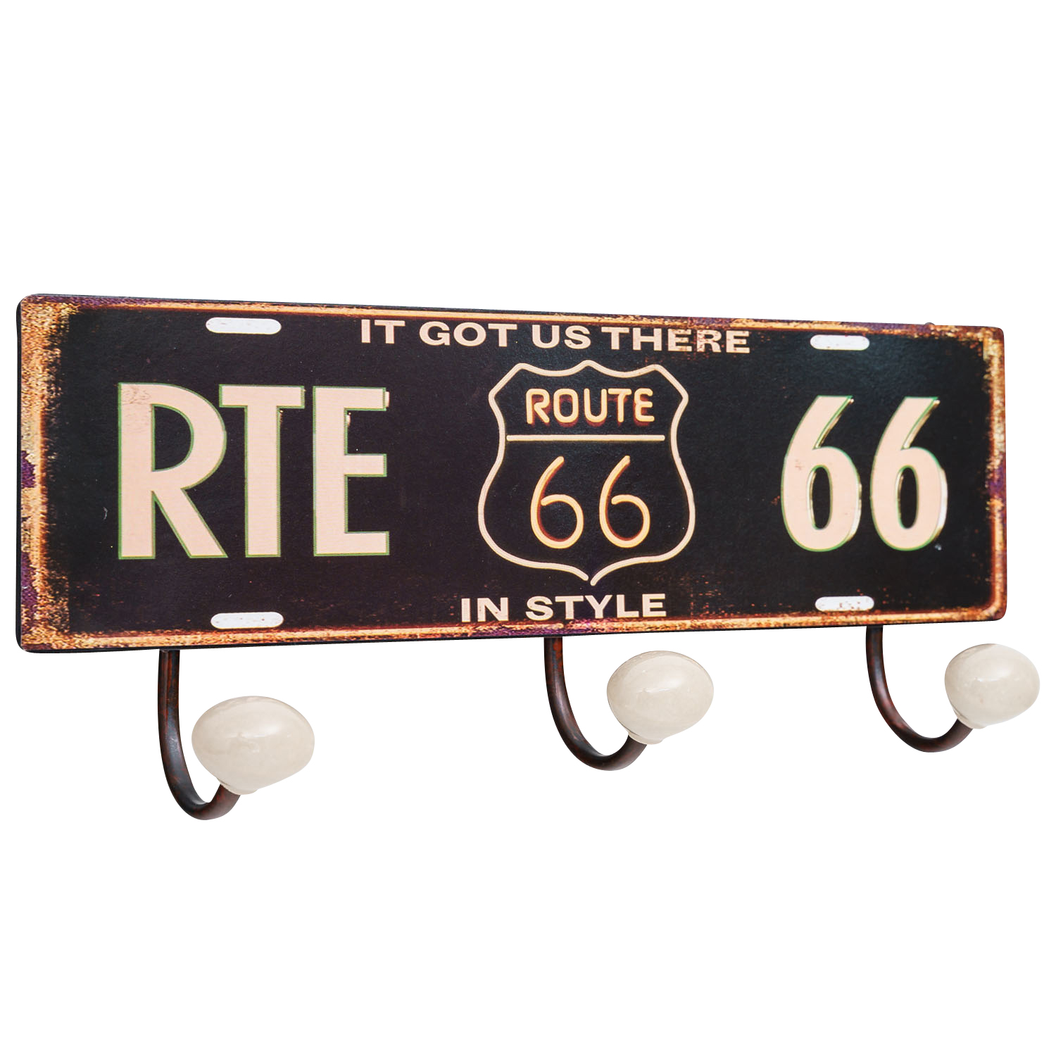 Garderobe Wandgarderobe 3er USA Route 66 Metall Porzellan Wandhaken 37cm