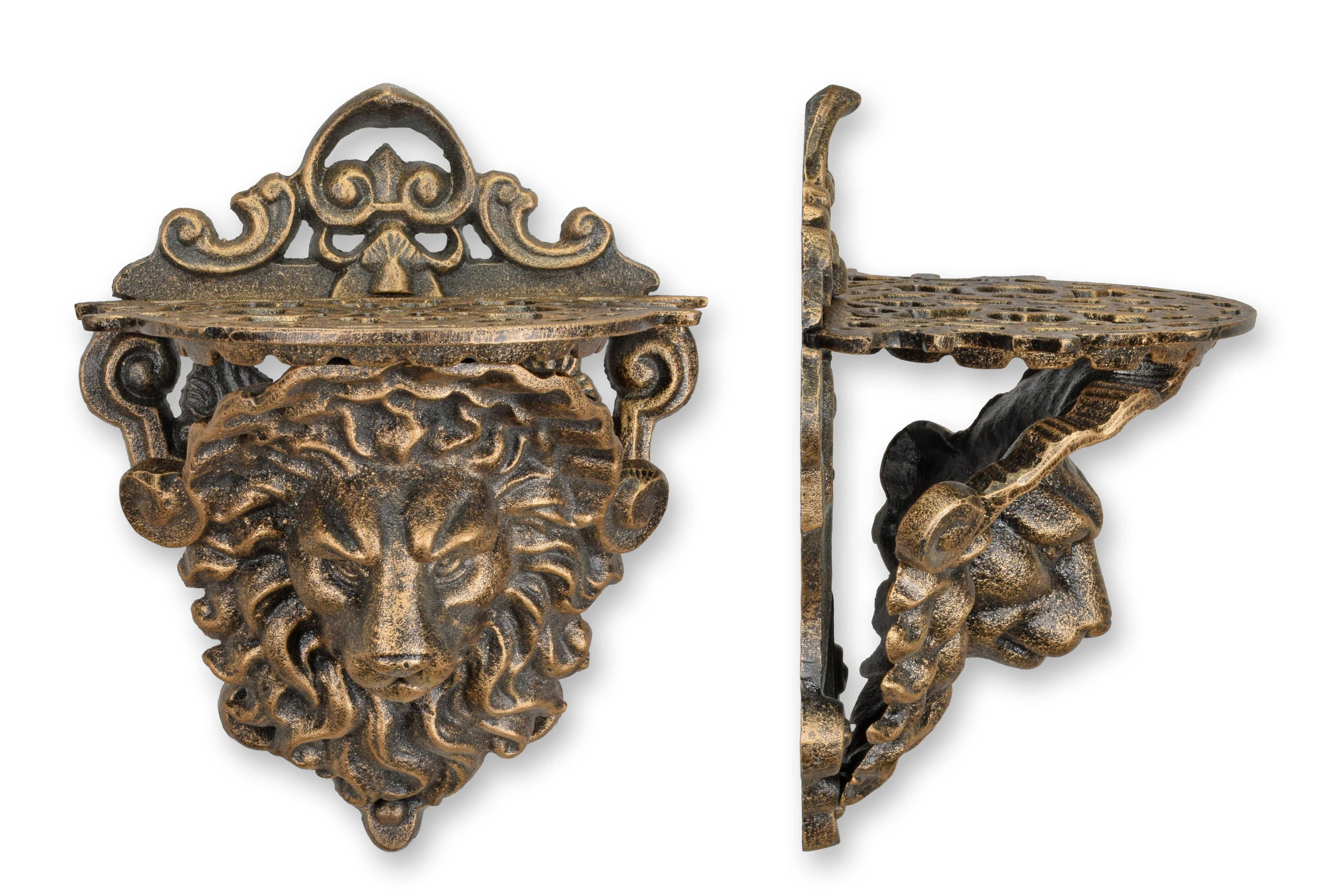En väggkonsol i gjutjärn med lejonhuvud – bronslook replik retro design dekoration Bronze, Gesicht, Kopf, Person