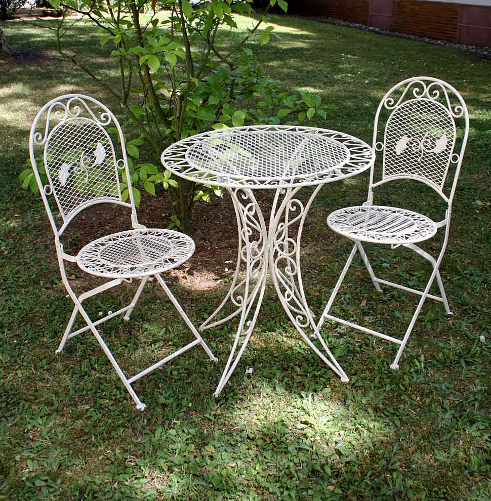 GARNITUR GARTENTISCH 2 STÜHLE EISEN GARTENMÖBEL ANTIK STIL NOSTALGIE CREME WEISS