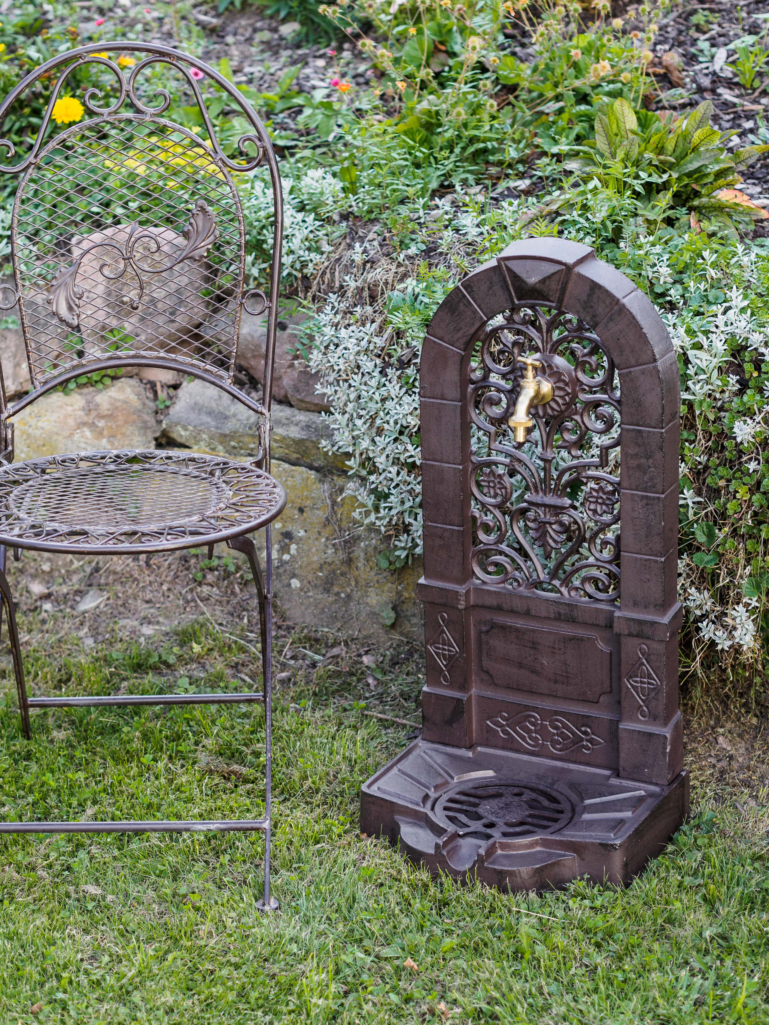 Standbrunnen Waschbecken Brunnen Lilie de Fleur 76cm braun Alu antik Stil