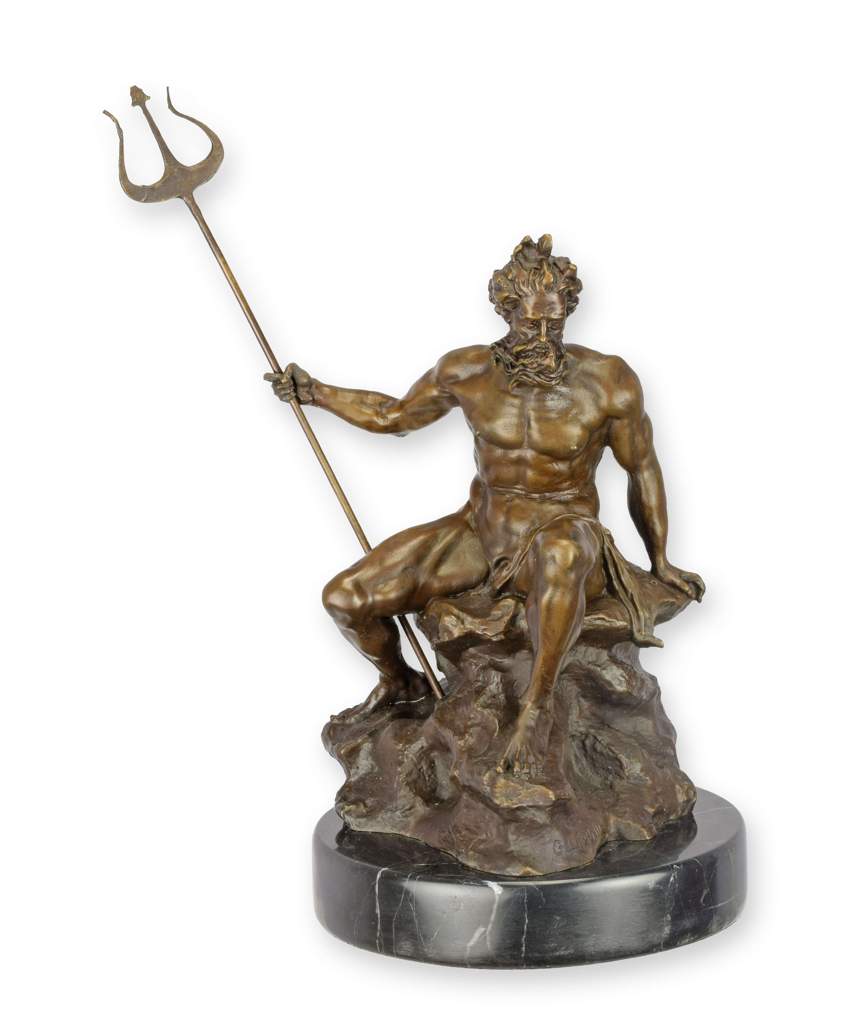 statue, bronze, mythology, trident, rock base