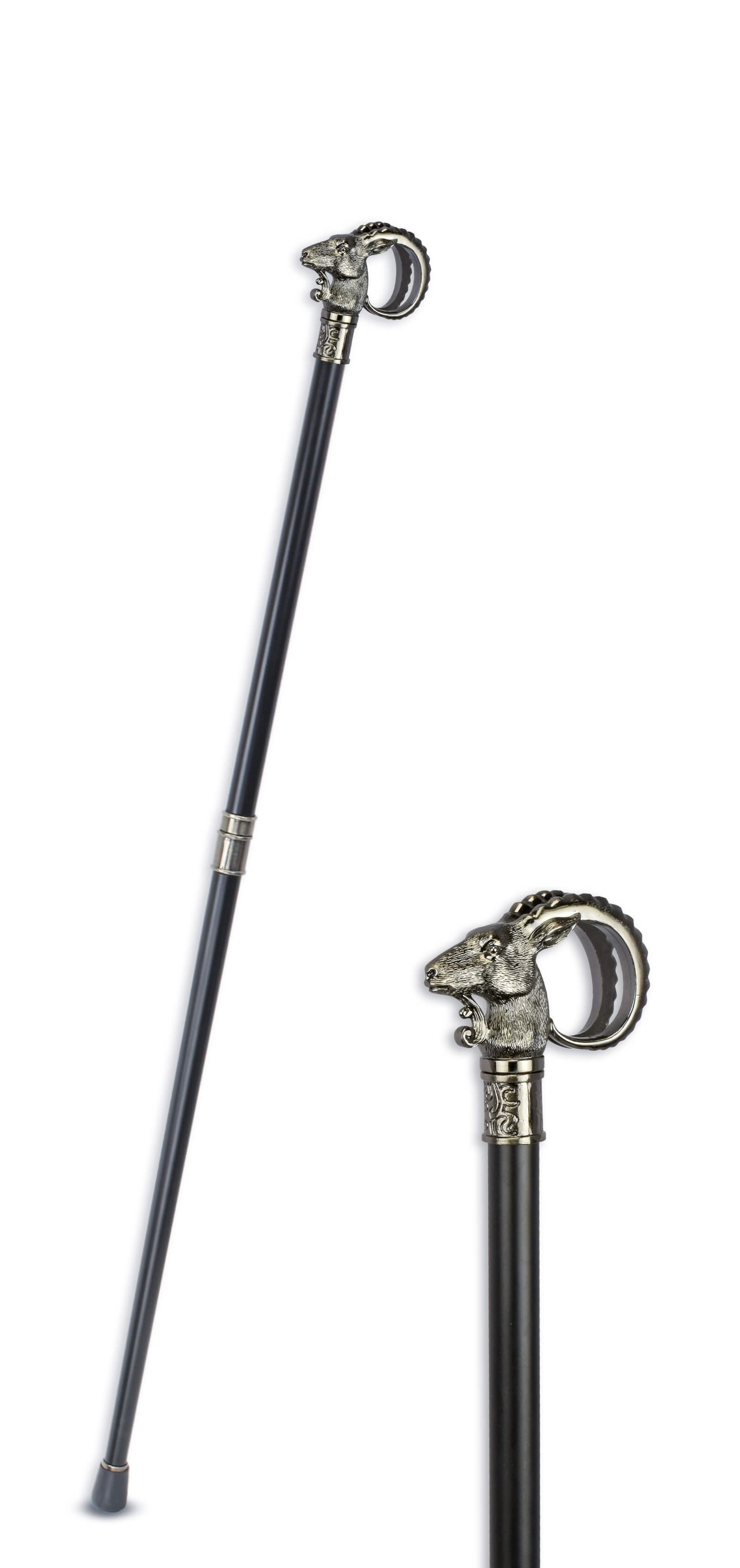 Walking cane, Metallgriff, Widderkopf, schwarzer Stock, verstellbarer Gehstock