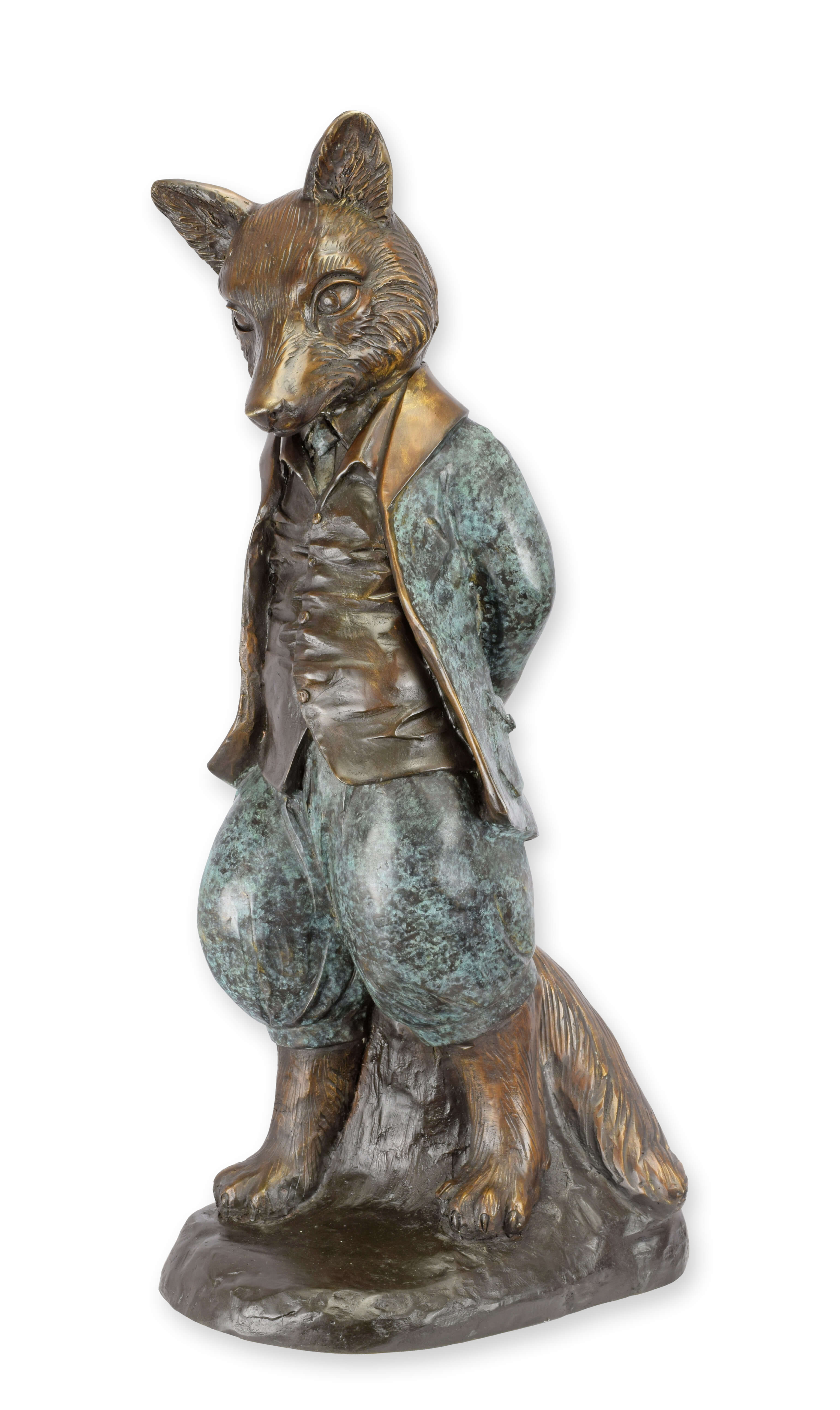Fuchs Statue, Bronzefarbe, Weste Kleidung, anthropomorphe Figur, Sockel