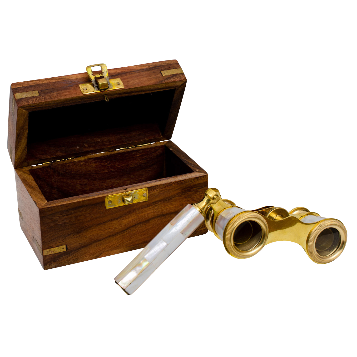 Opernglas mit Holzbox Fernglas Theaterglas Messing Kunststein Antik-Stil (a)