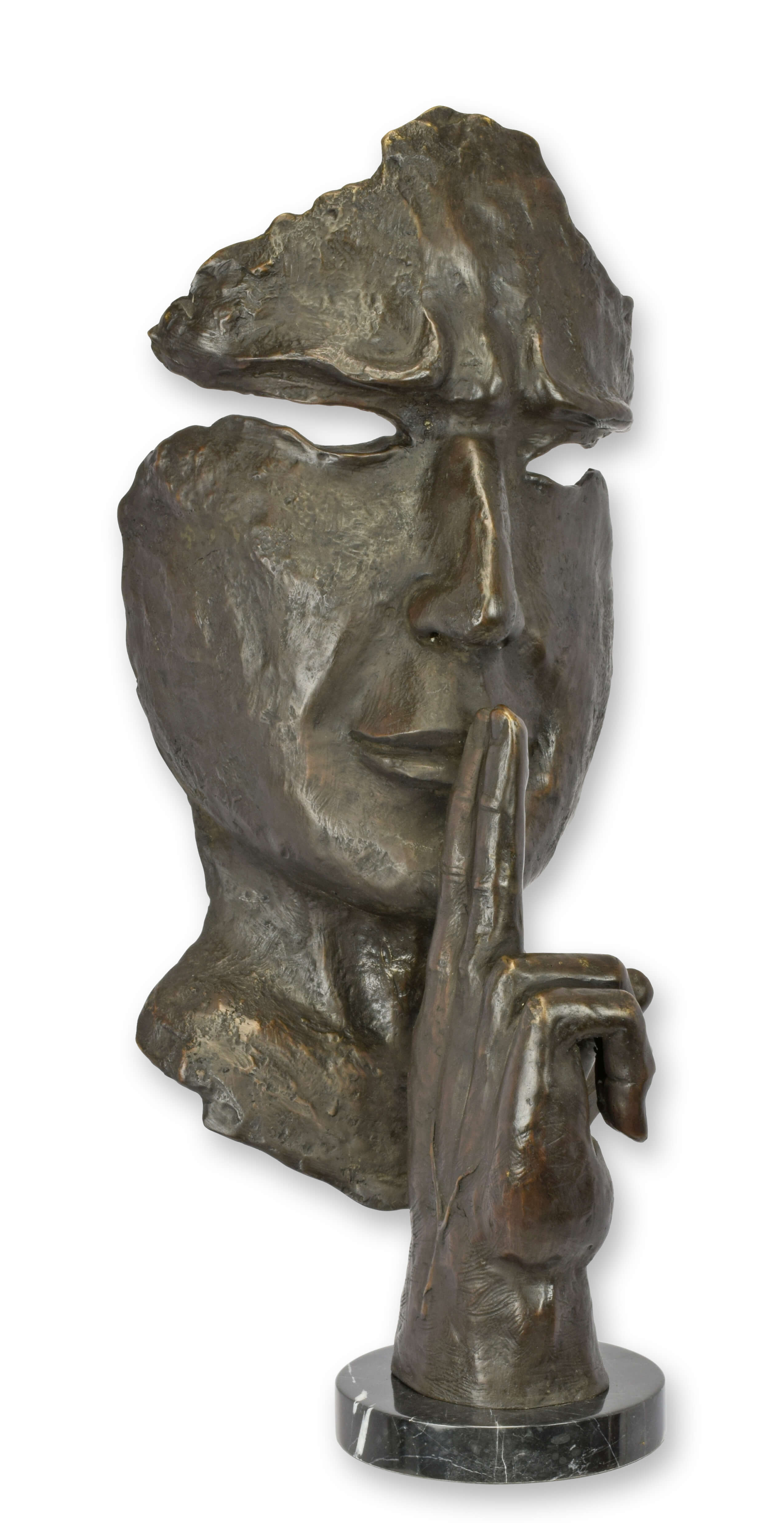 Bronze-Skulptur, Gesichts-Buste, Shushing-Geste, Stein-Base, Kunststatue